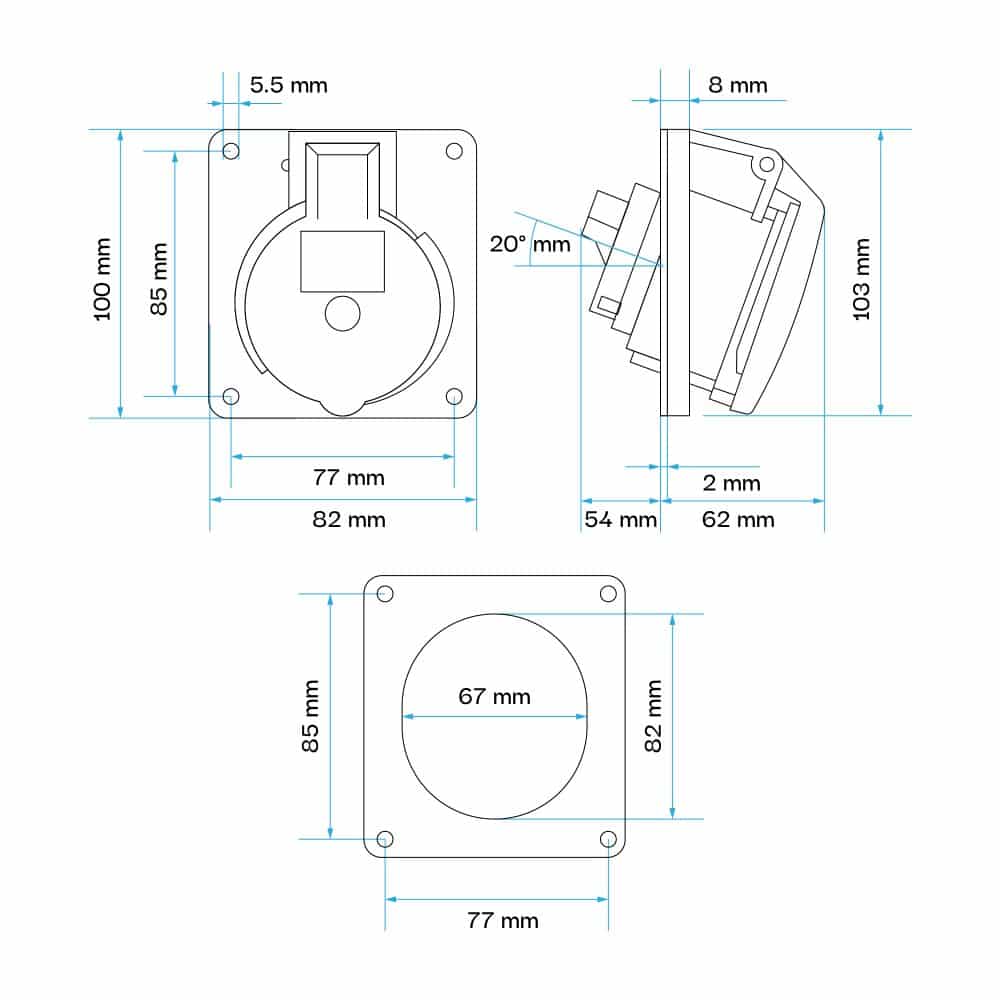 TOMA EMPOTRABLE 32AMP 2P+T 250V AZUL 6H IP44
