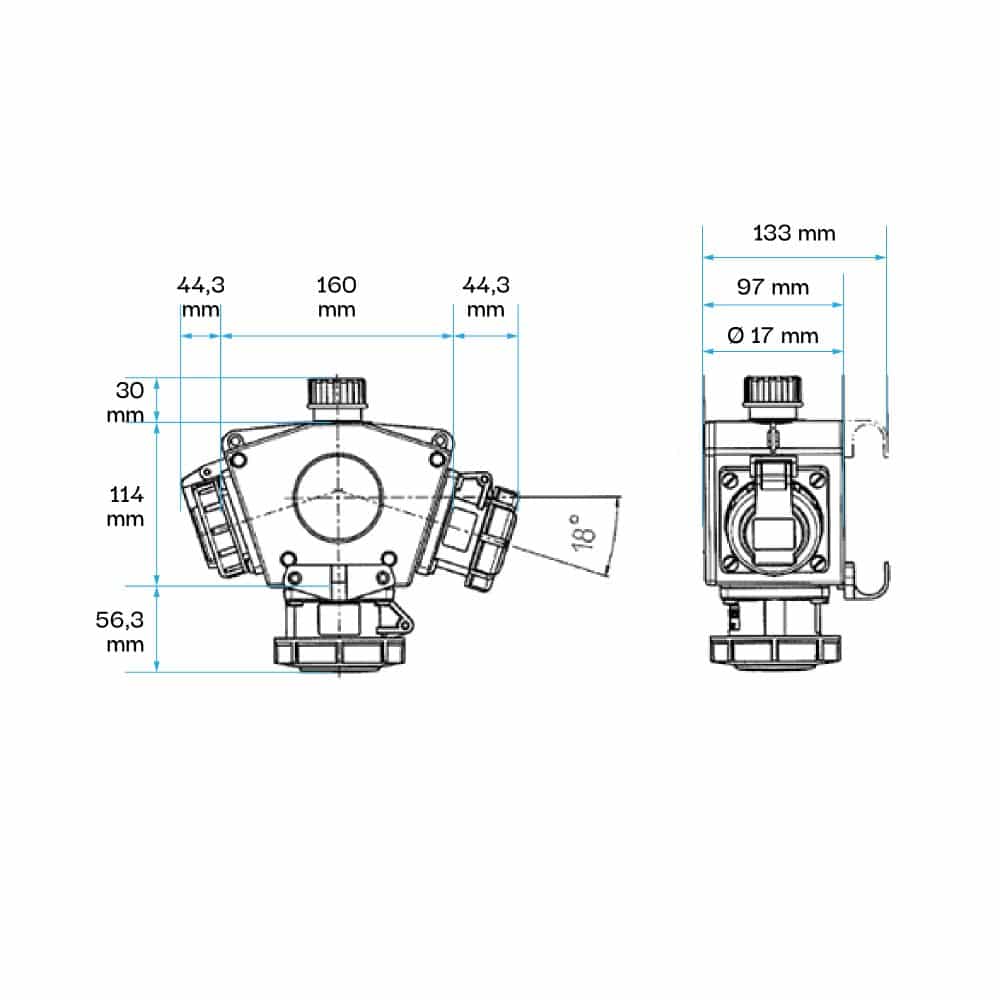TOMA TRIPLE AEREO 16AMP 2P+T 250V AZUL 6H IP67 (DELTA BOX)