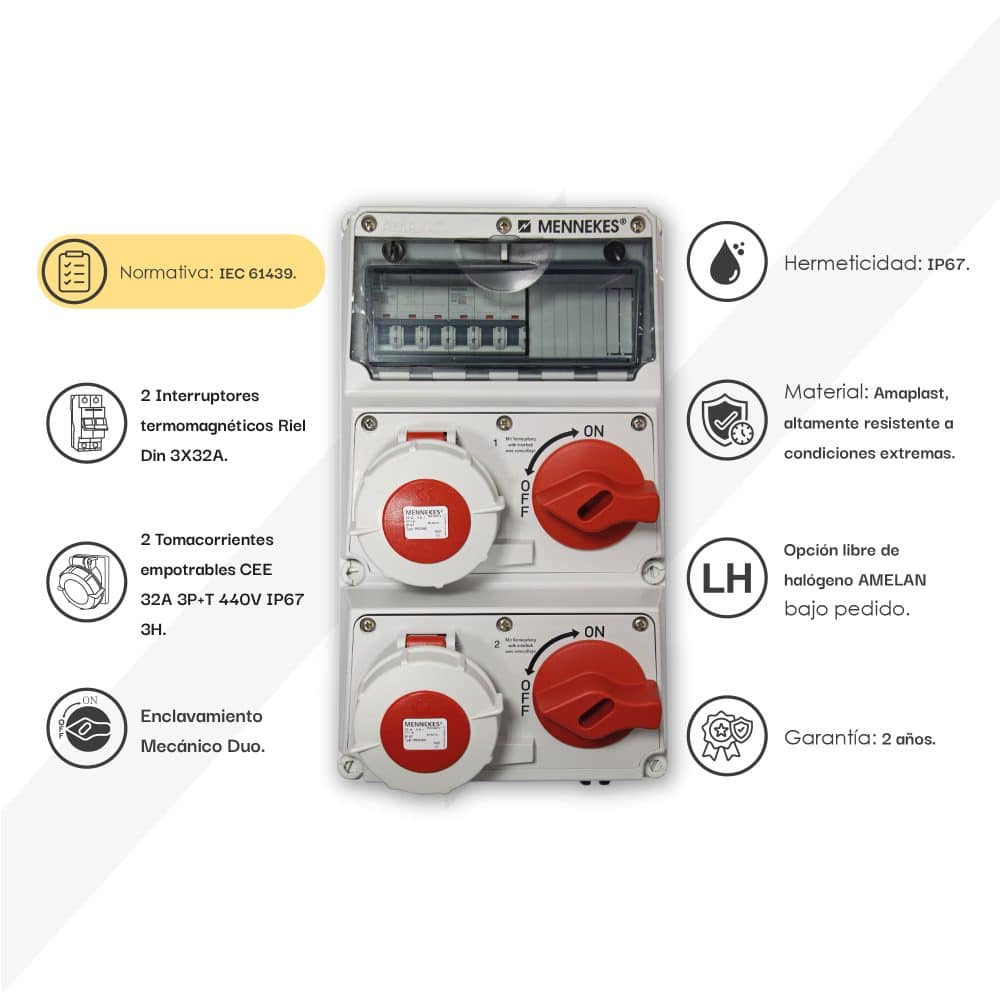 CAJA COMBINADA AMAXX IP67 2 TOMAS 32A 3P+T 440V 3H C/2 INTERRUPT.TERMO 3X32A