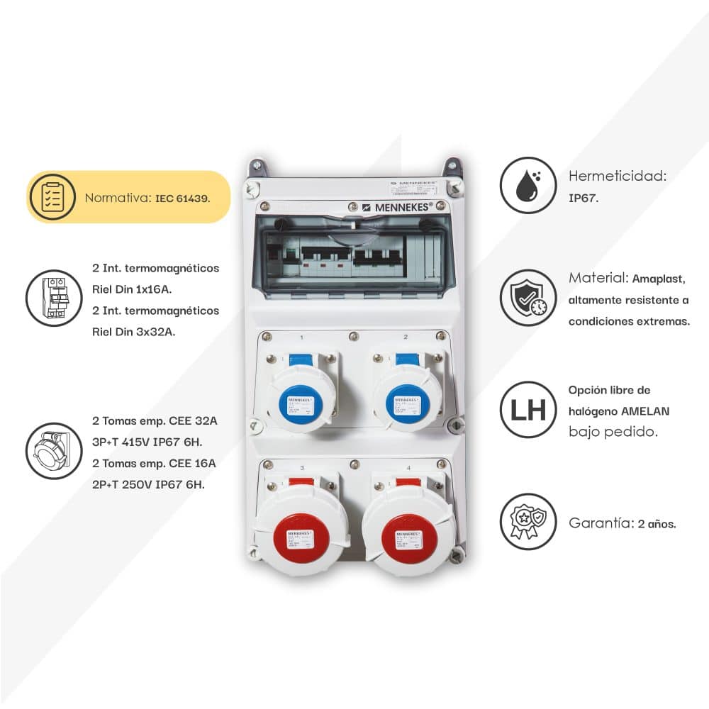CAJA COMBINADA AMAXX IP67 2 TOMAS 32A 3P+T 415V 6H + 2 TOMAS 16A 2P+T 250V 6H C/2 INTERRUPT.TERMO 3x32A C/2 INTERRUPT 1X16A+N