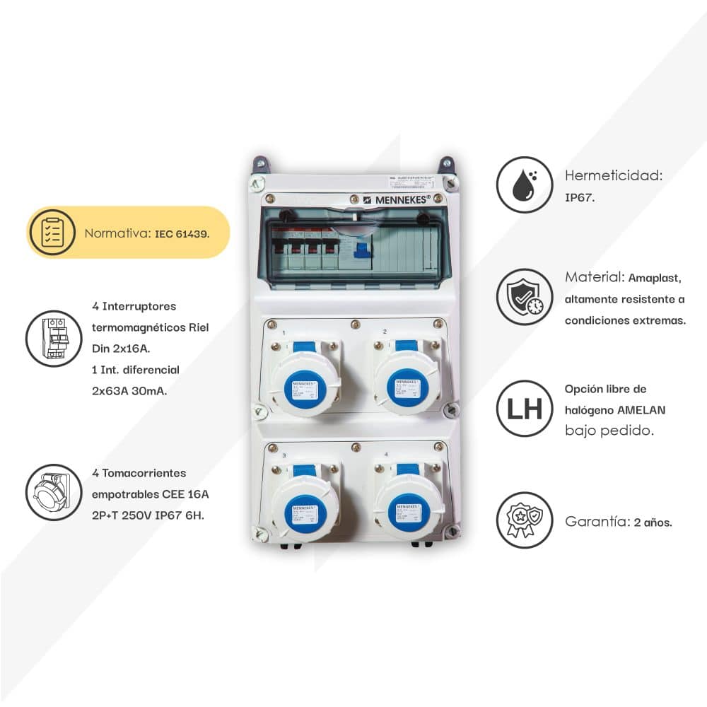 CAJA COMBINADA AMAXX IP67 4 TOMAS 16A 2P+T IP67 C/4 INTERRUPT. TERMO 2X16A + 1 INTERRUPT.DIFERENCIAL 2X 63A 30mA