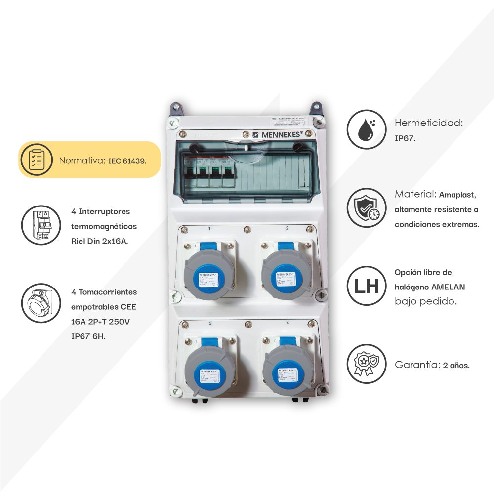 CAJA COMBINADA AMAXX IP67 4 TOMAS 16A 2P+T 250V IP67 C/4 INTERRUPT. TERMO 2X16A
