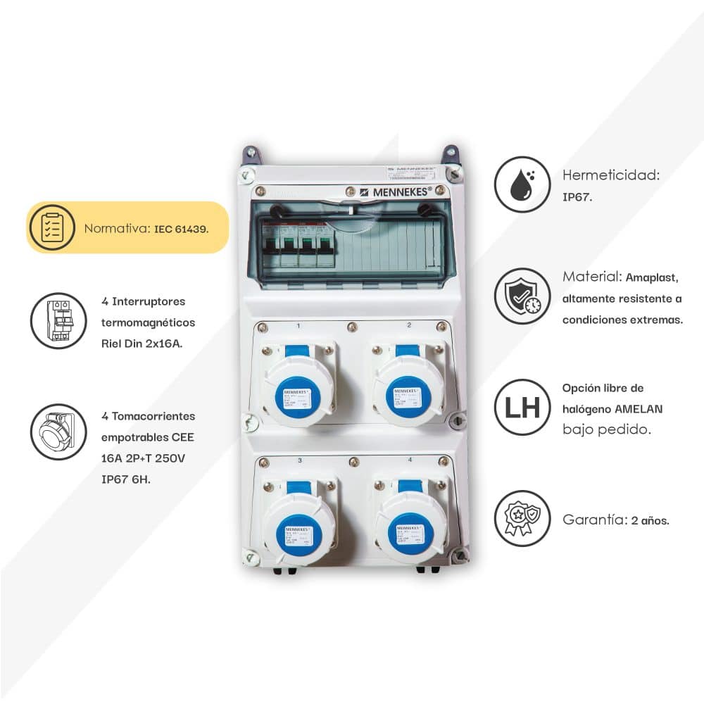 CAJA COMBINADA AMAXX IP67 4 TOMAS 16A 2P+T 250V IP67 C/4 INTERRUPT. TERMO 2X16A