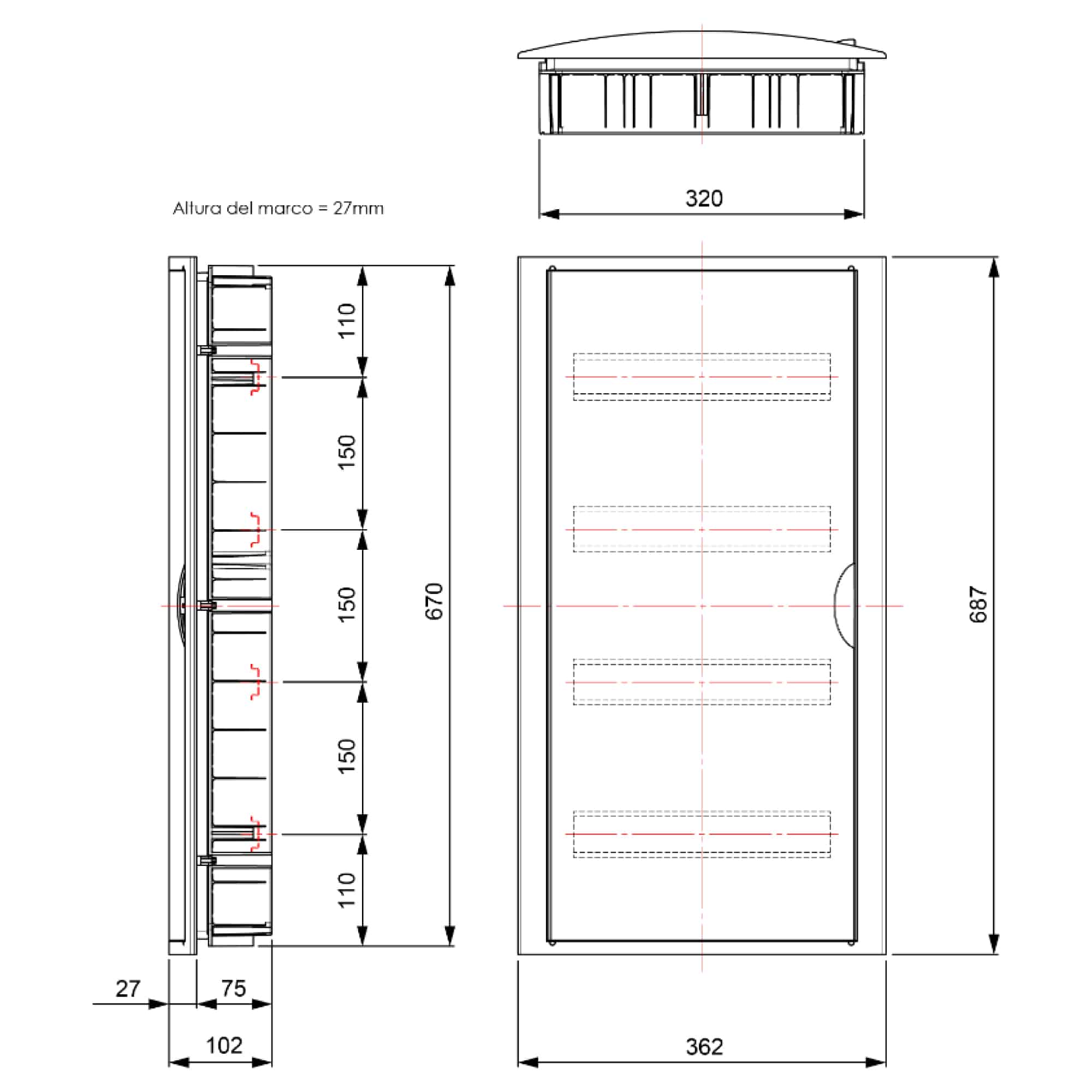 TABLERO ADOSADO TERMOPLÁSTICO, 42P, PUERTA BLANCA, HORI, 362x542x115mm