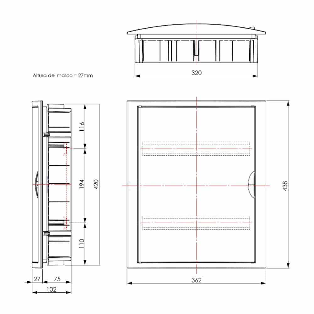 TABLERO EMPOTRADO TERMOPLÁSTICO, 28P, PUERTA BLANCA HORIZONTAL, 320x420x75mm