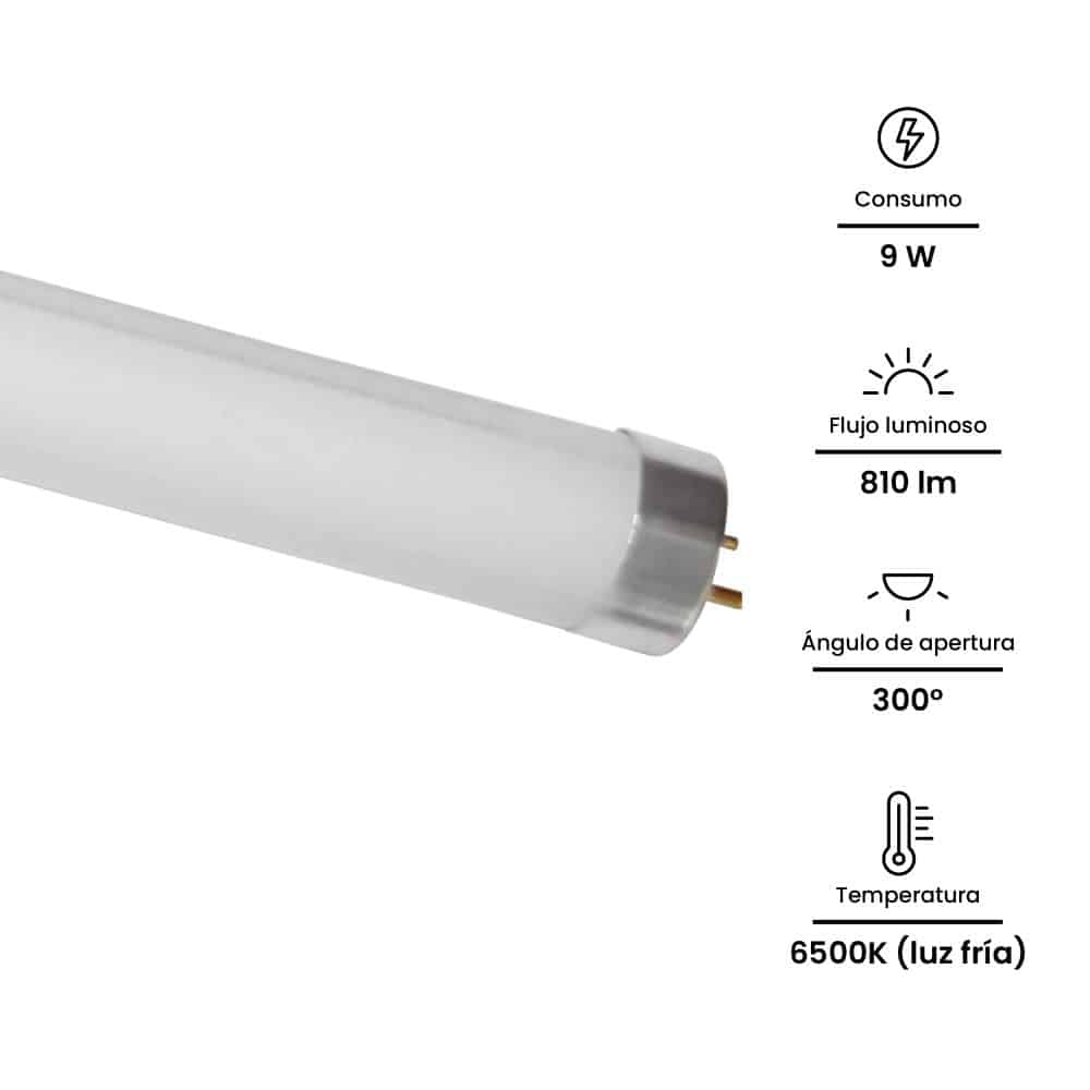 TUBO LED 600MM, 9W 165-265V 90LM/W RA80 PF0.5 6500K 20000Hr VIDRIO