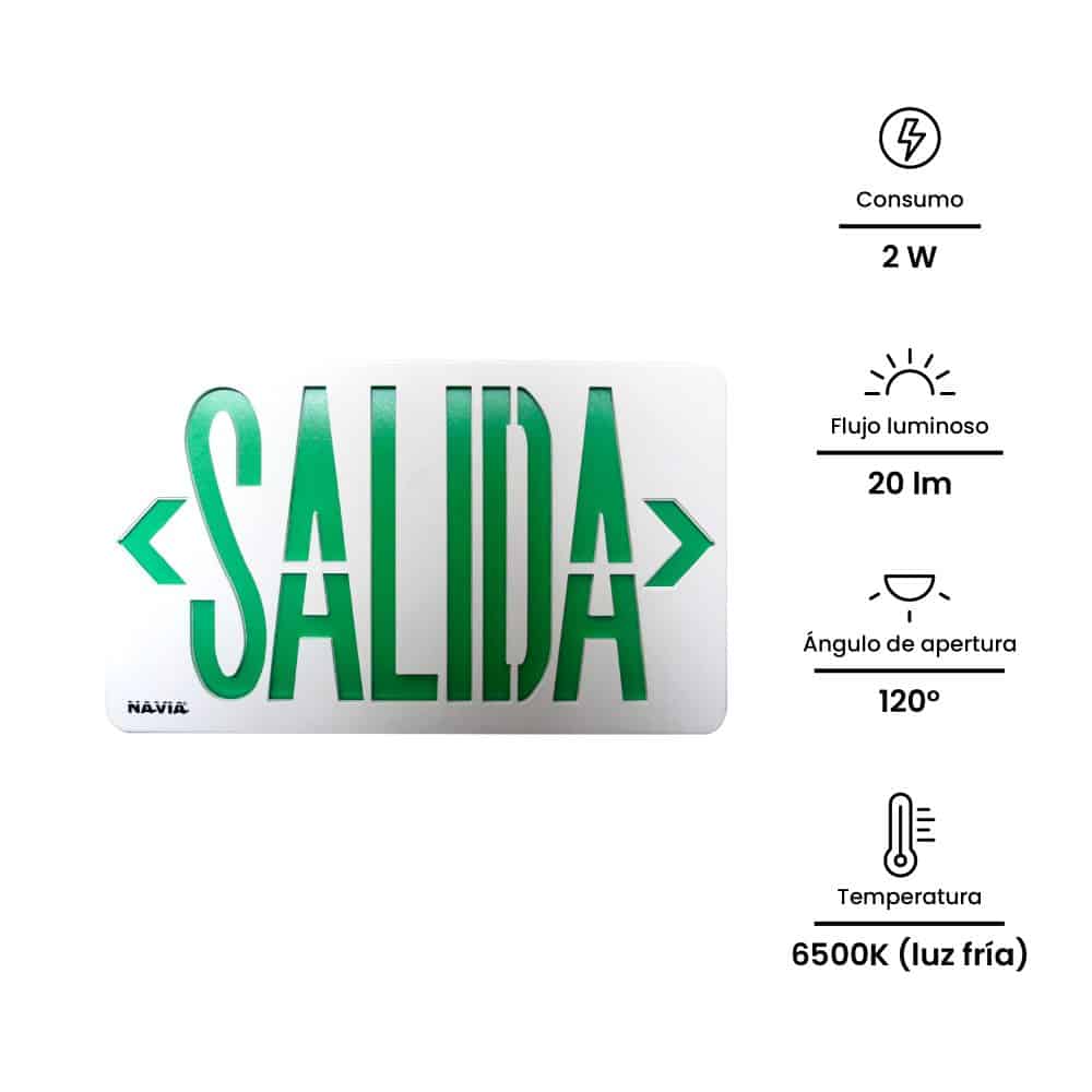 SEÑAL DE SEG. EMERG. 2W, 20lm,IP20 IK06,  AUT. >3HR, LETRAS EN  VERDE, 6500K 220-240VAC (CON UL); Modelo: NV