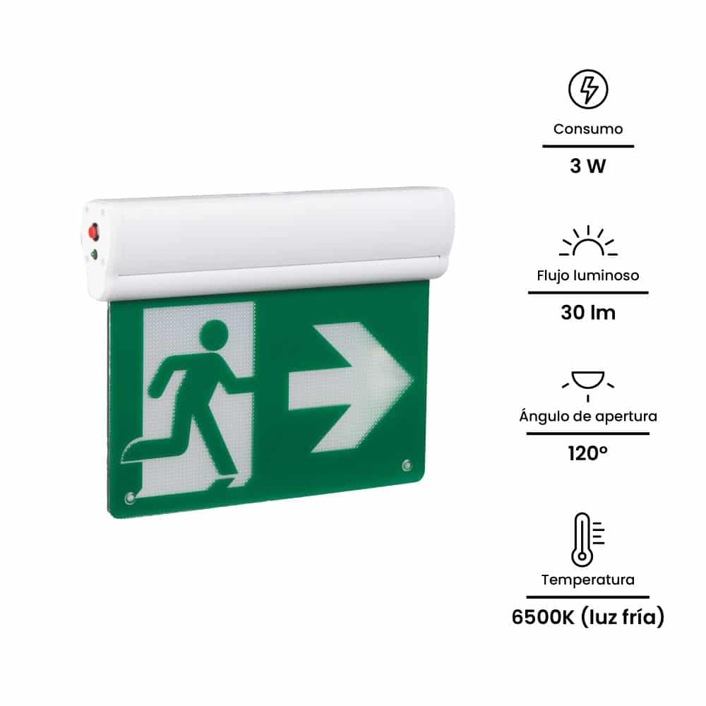 SEÑAL DE SEG. EMERG. 3W, 30lm,IP20 IK06,  AUT. >3HR, PICTOGRAMA EN COLOR VERDE , 6500K 220-240VAC (CON UL); Modelo: NV