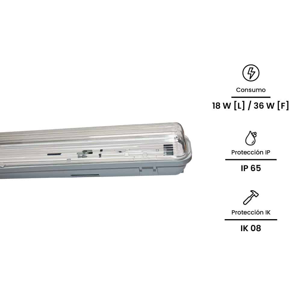 EQ. HERM. IND 1X36W, T8 1200MM, IP65 IK08, 220-240VAC (SIN BALASTRO, SIN LAMPARA): Modelo: WP