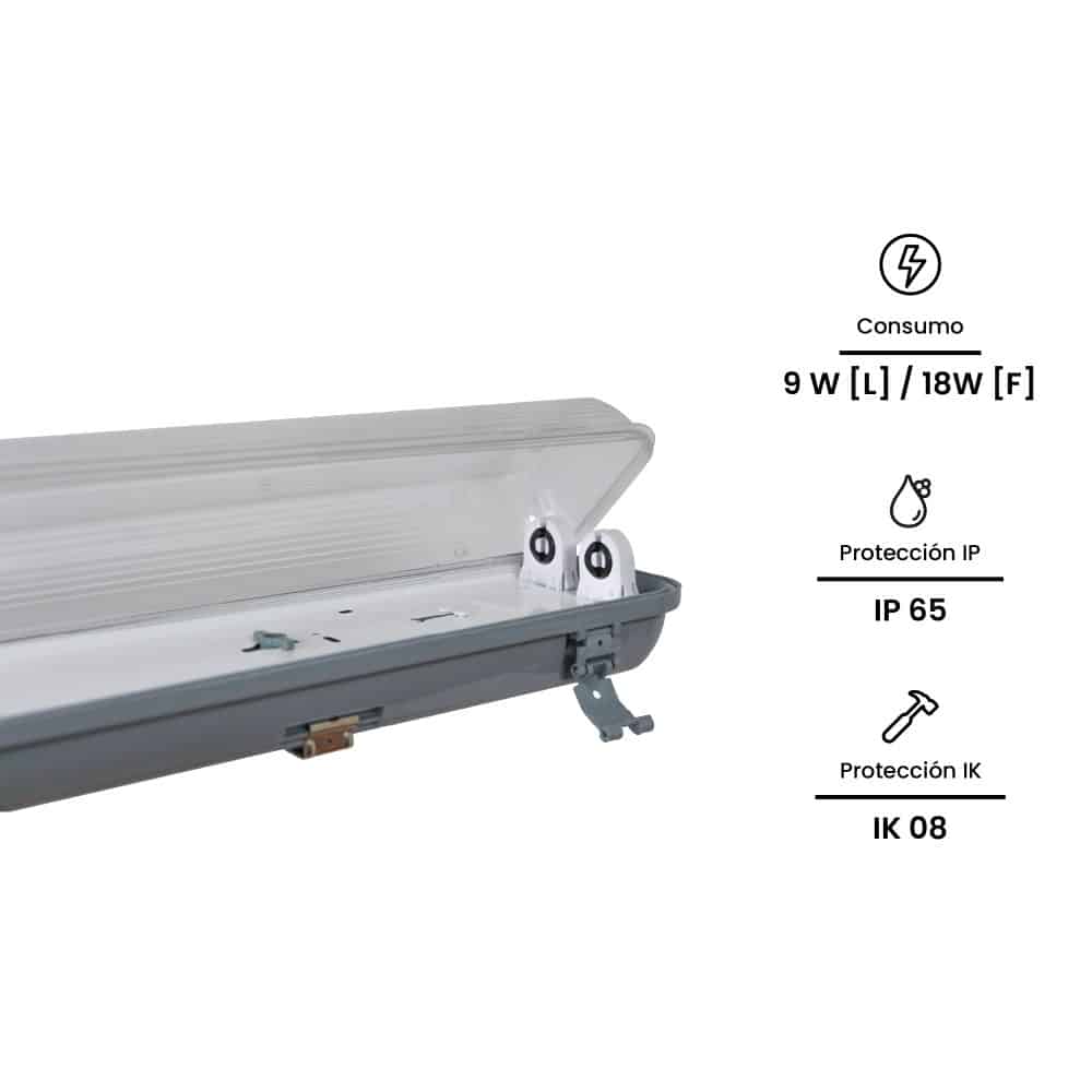 EQ. HERM. IND 2X18W T8 600MM, IP65 IK08, 220-240VAC (SIN BALASTRO, SIN LAMPARA): Modelo: WP