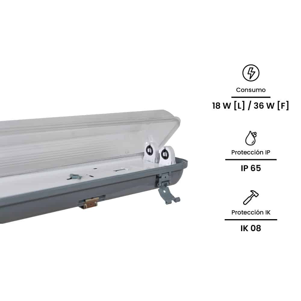 EQ. HERM. IND. 2X36W T8 1200MM IP65 220V(SIN BALASTRO, SIN LAMPARA)