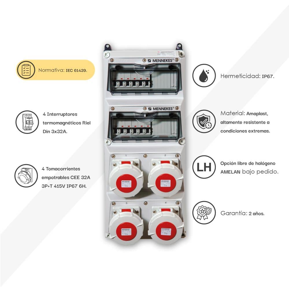 CAJA COMBINADA AMAXX IP67 4 TOMAS 32A 3P+T 415V 6H C/4 INTERRUPT.TERMO 3x32A