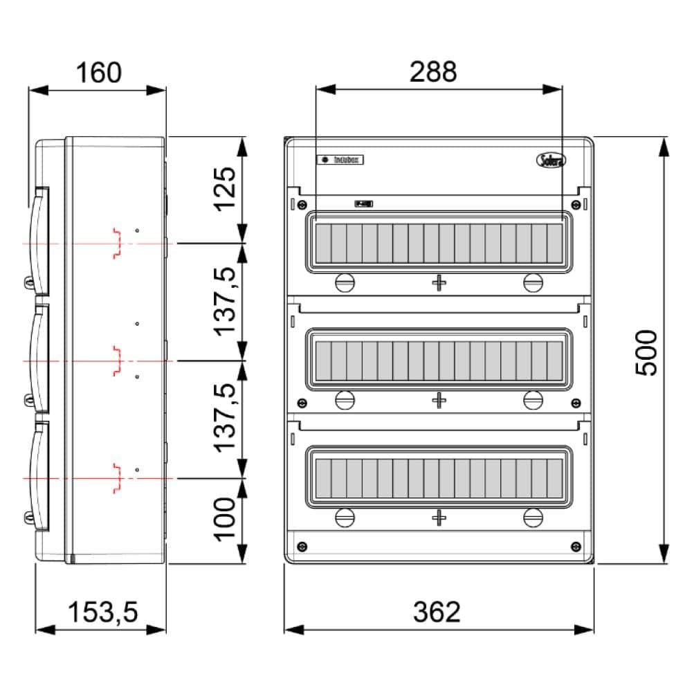 TABLERO ADOSADO TERMOPLÁSTICO, 48P IK08 IP65, C/BORNE, 362x500x160mm (no pretoquelado)