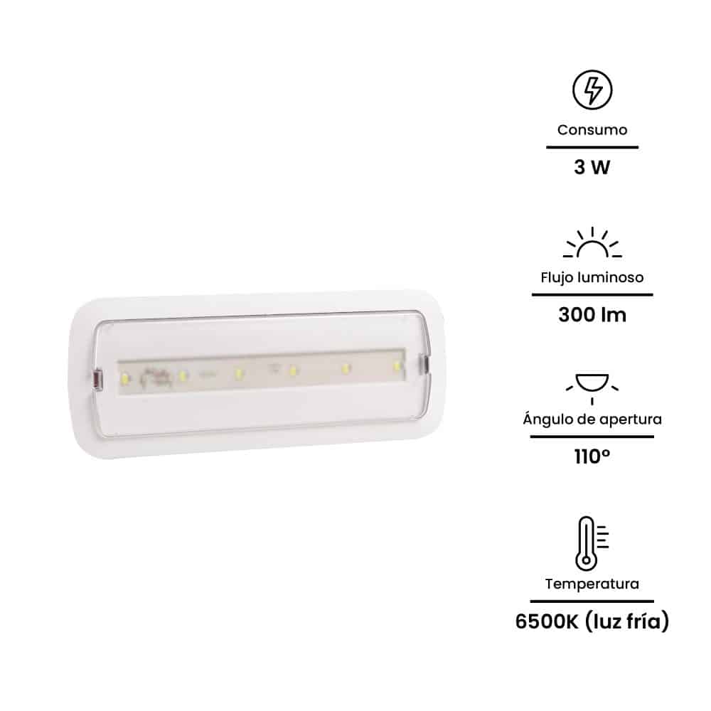 LUMINARIA DE EMERG. 3W 300LM - 6 LEDs SMD, AUT. 90 MIN, C/BATERIA INTERNA, IP20 220V