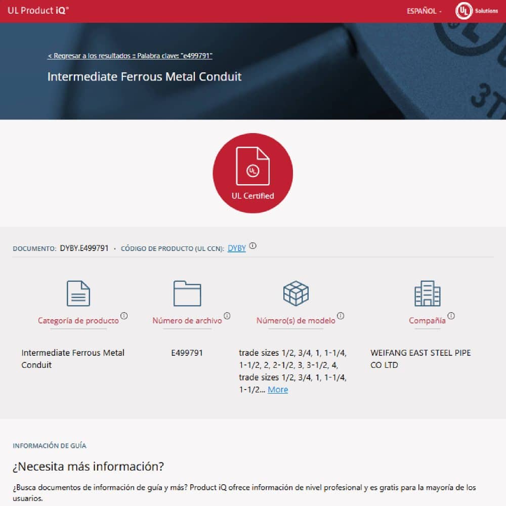 TUBO CONDUIT IMC 2-1/2" DE 3MTS GALVANIZADO EN CALIENTE CON UL E499791; Modelo: WFG