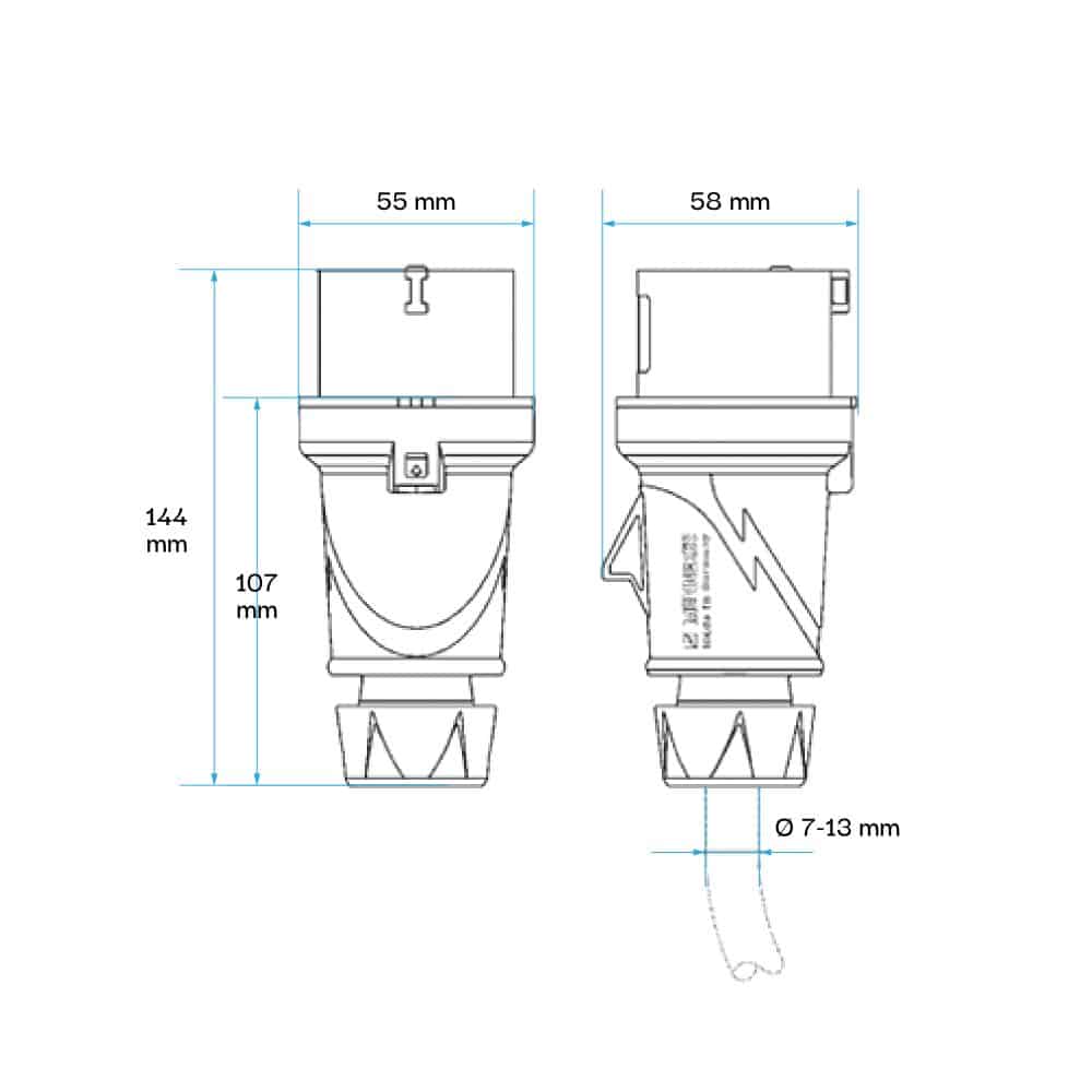 ENCHUFE 16AMP 2P+T 250V AZUL 6H IP44 POWERTOP PLUS (2 CUERPOS) REEMPLAZO 248