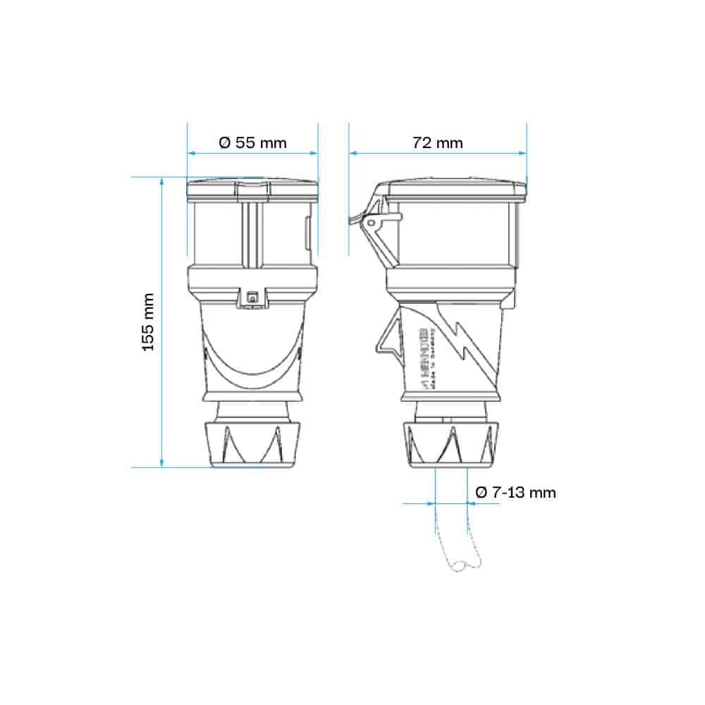 TOMA AEREO 16AMP 2P+T 250V AZUL 6H IP44 POWERTOP PLUS (2 CUERPOS) REEMPLAZO 510