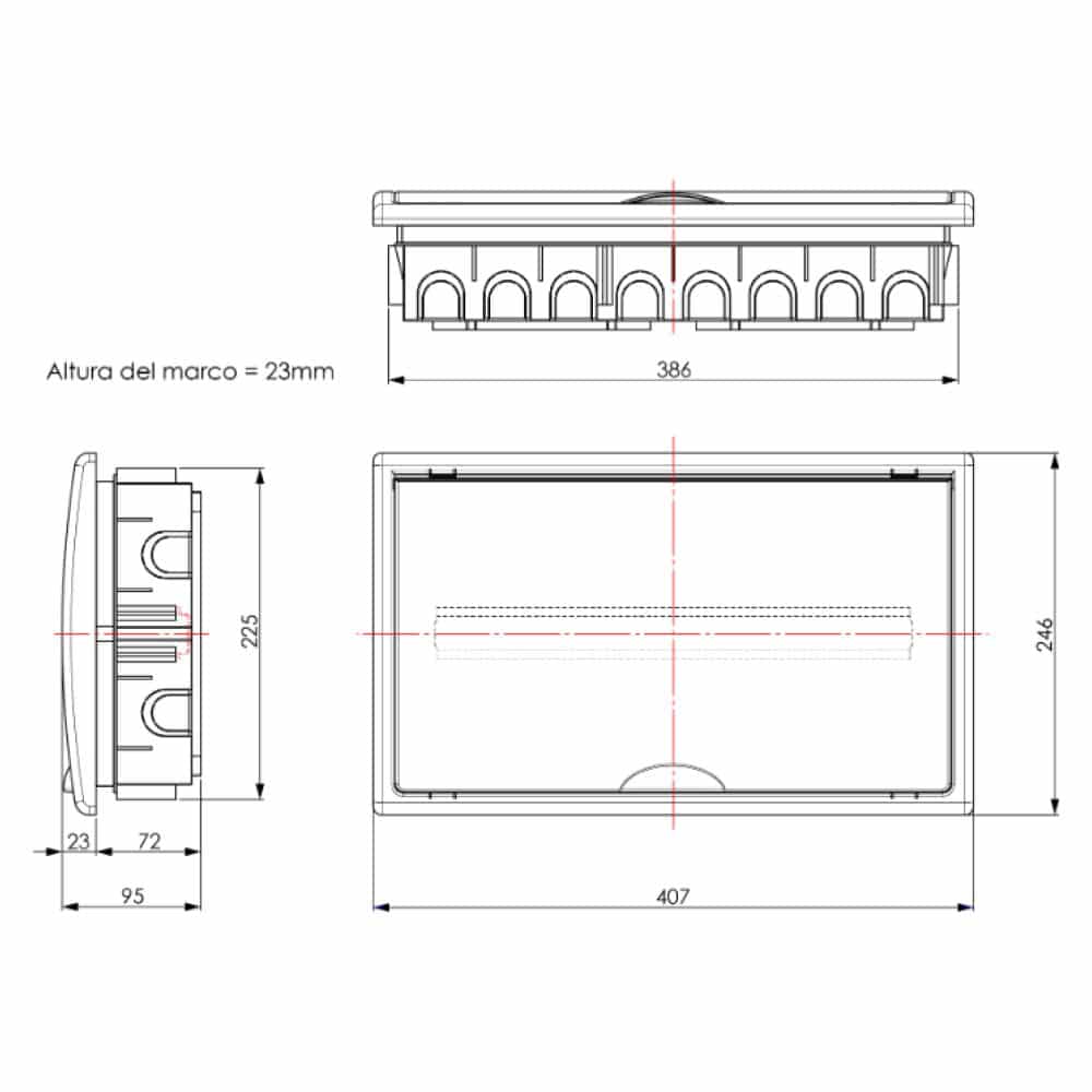 TABLERO EMPOTRADO TERMOPLÁSTICO, 18P, PUERTA BLANCA VERTICAL, 386x225x72mm (BORNE 106R)