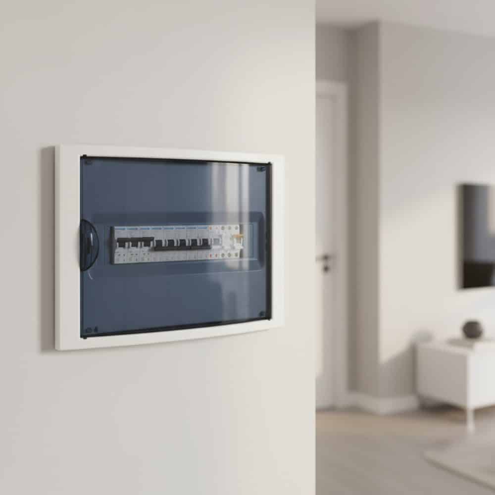 TABLERO RIEL DIN EMPOTRA. LIBRE HALOG. 8 POLOS PUERTA FUMÉ A/H IP40 IK07 , P/DRYWALL,  TERMOSELLADO