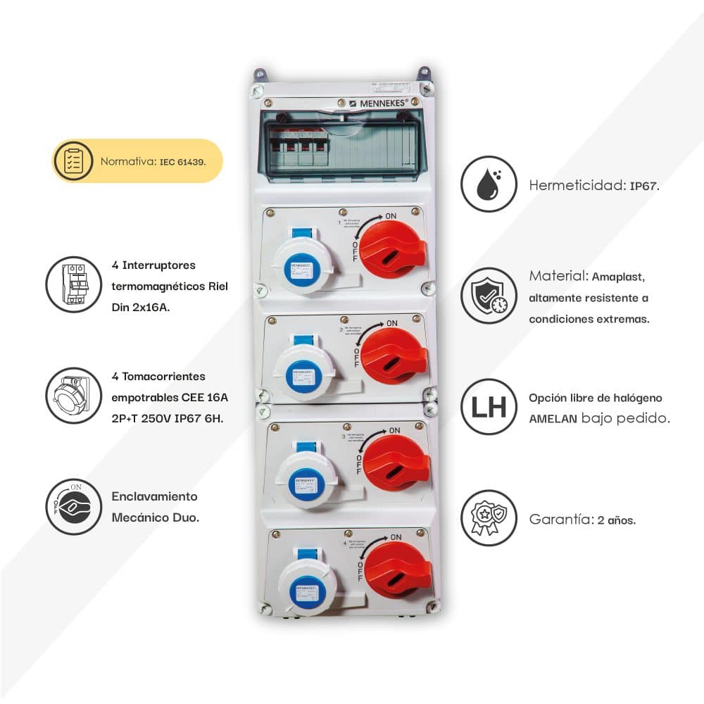 CAJA COMBINADA AMAXX IP67 4 TOMAS 16A 2P+T 250V C/BLOQUEO MEC. DUO C/ 4 INTERRUP.TERMO 2X16A