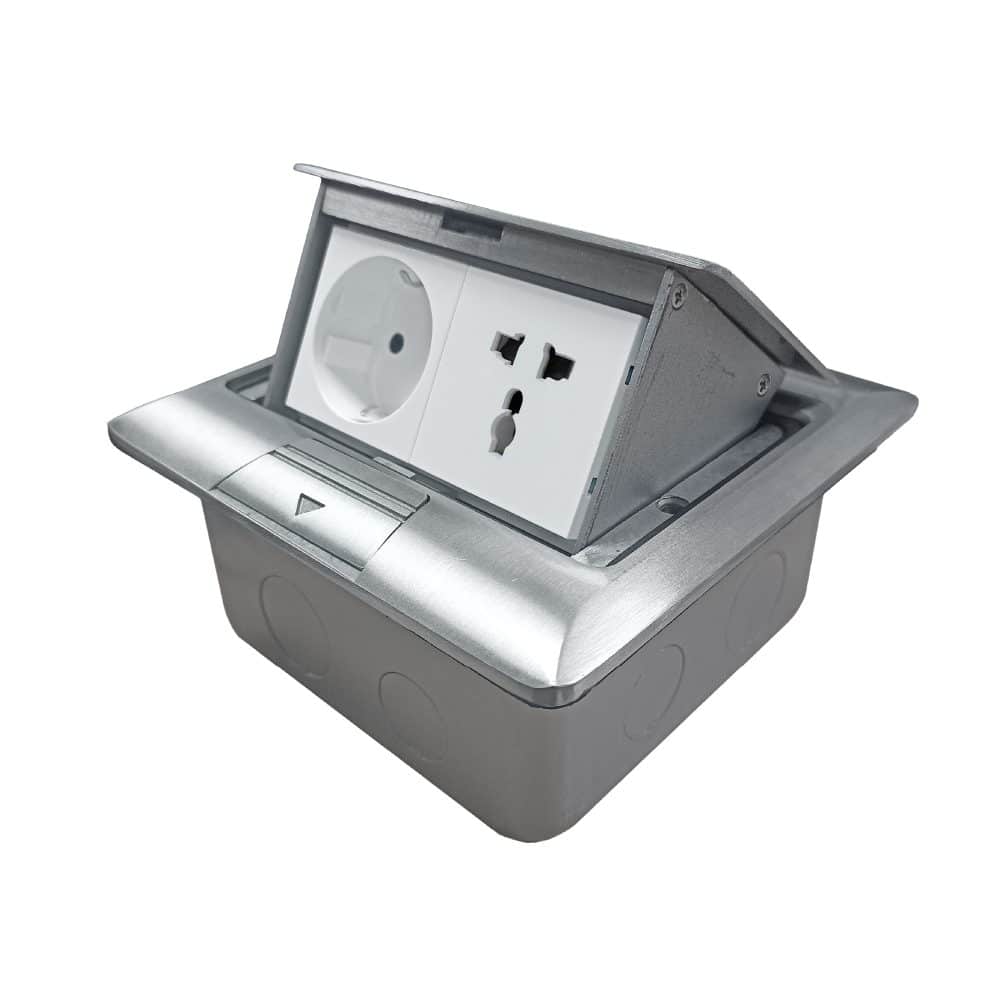 CAJA DE PISO 4 MODULOS (SOFT OPEN) COLOR GRIS + 1 TOMACORRIENTE SCHUKO + 1 TOMACORRIENTE UNIVERSAL