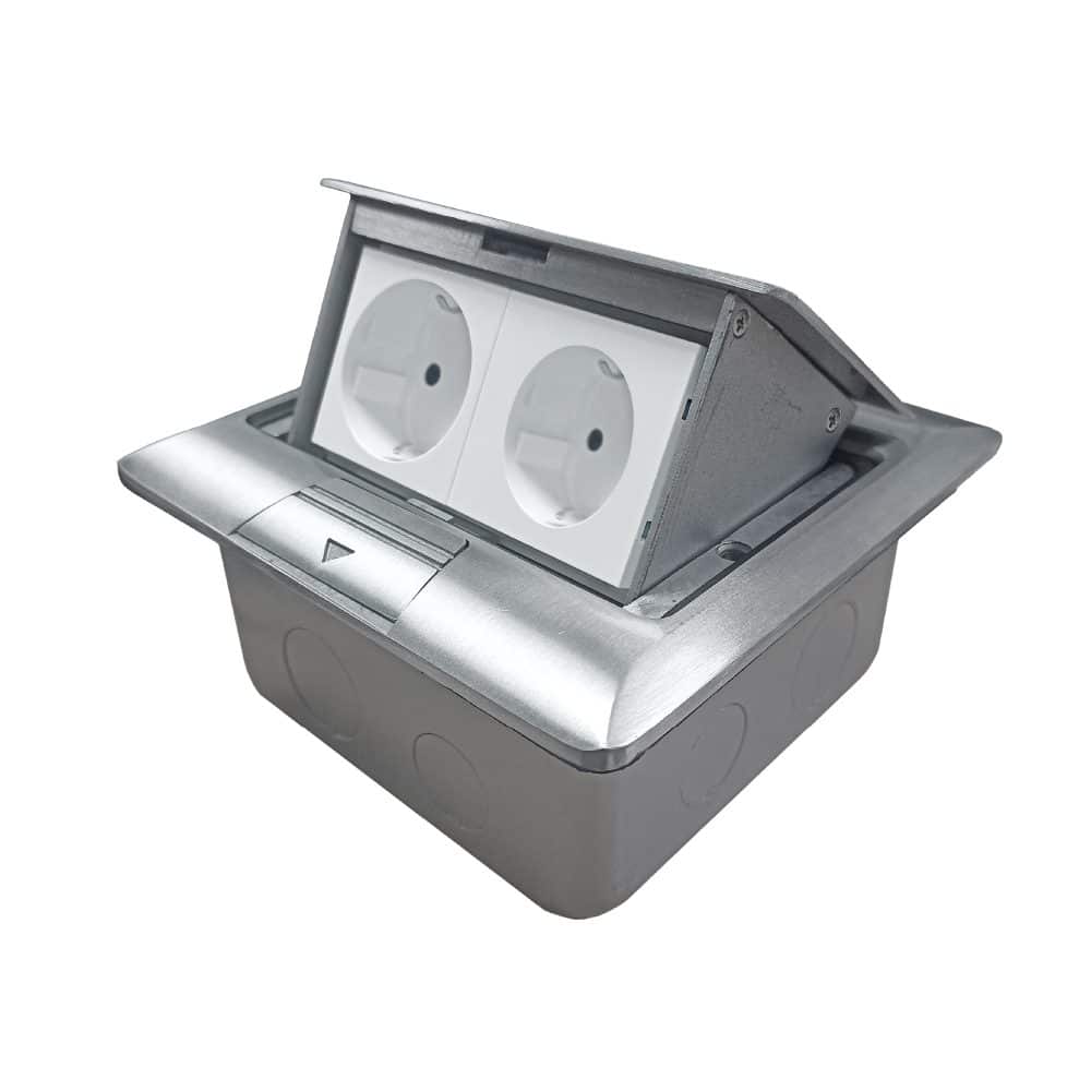 CAJA DE PISO 4 MODULOS (SOFT OPEN) COLOR GRIS + 2 TOMACORRIENTES SCHUKO