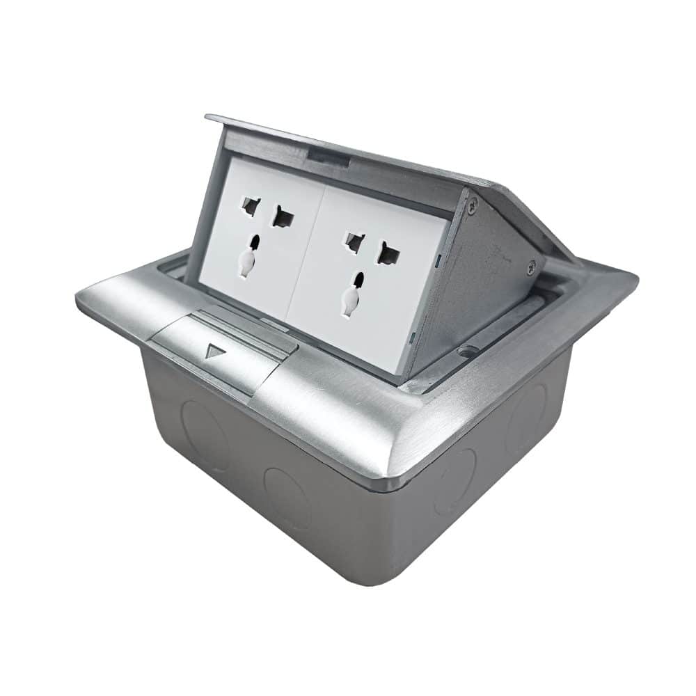 CAJA DE PISO 4 MODULOS (SOFT OPEN) COLOR GRIS + 2 TOMACORRIENTES UNIVERSALES
