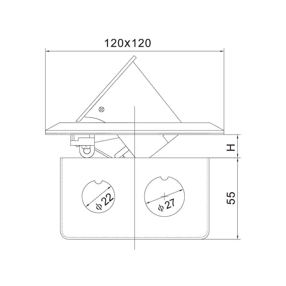 CAJA DE PISO 4 MODULOS (SOFT OPEN) COLOR GRIS + 1 TOMACORRIENTE SCHUKO + 1 TOMACORRIENTE UNIVERSAL