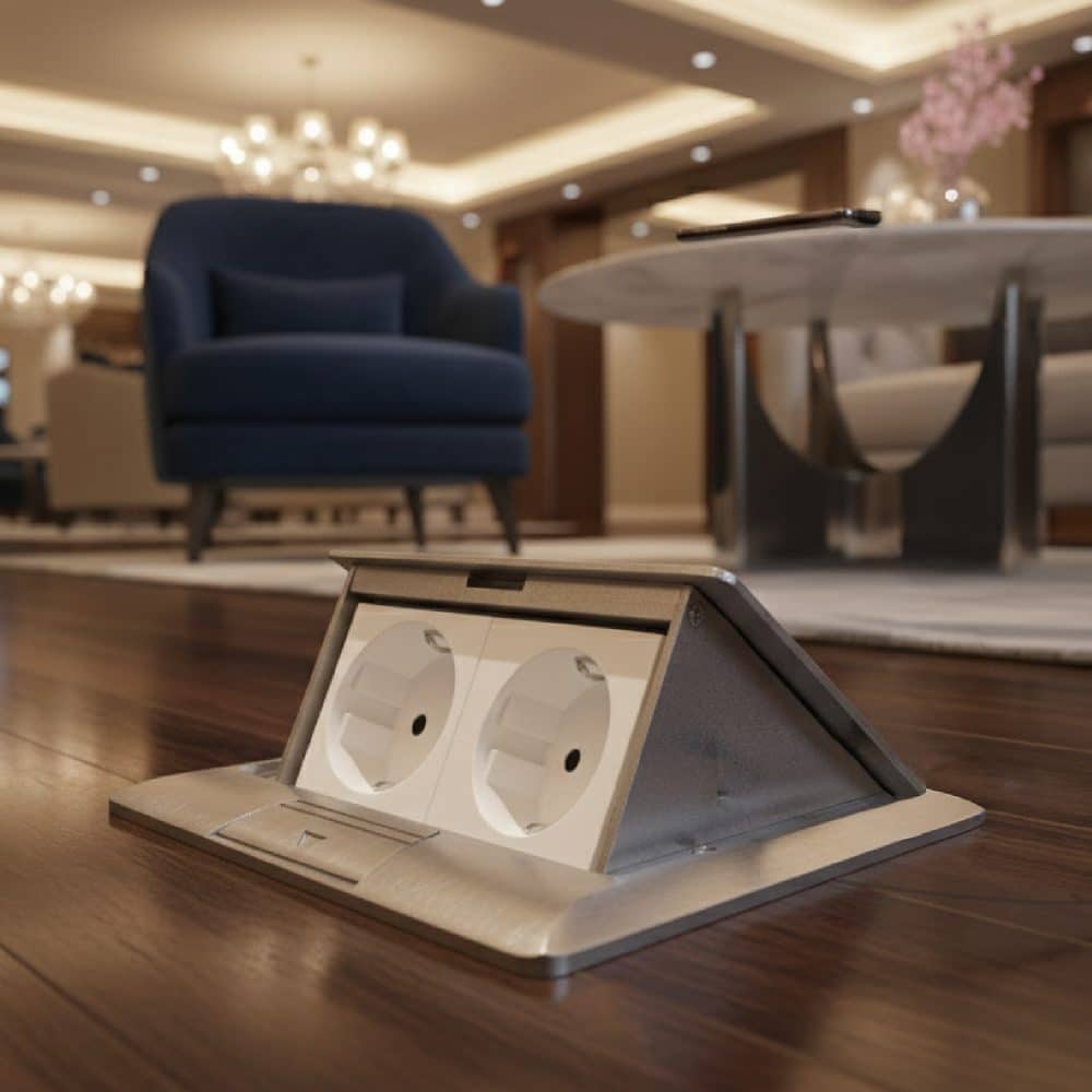 CAJA DE PISO 4 MODULOS (SOFT OPEN) COLOR GRIS + 2 TOMACORRIENTES SCHUKO